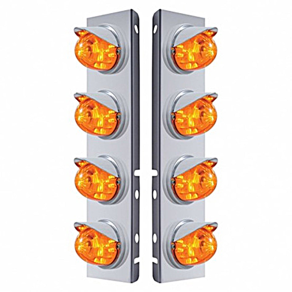 Stainless Steel Front Air Cleaner Bracket w/ 8 X 17 LED Watermelon Lights & Visors For Peterbilt - Amber LEDs (Amber or Clear Lens)