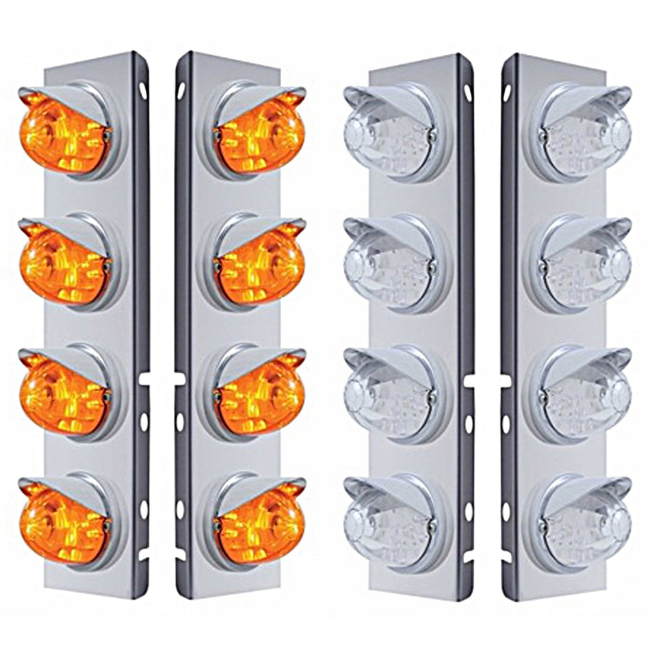 Stainless Steel Front Air Cleaner Bracket w/ 8 X 17 LED Watermelon Lights & Visors For Peterbilt - Amber LEDs (Amber or Clear Lens)