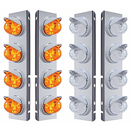 Stainless Steel Front Air Cleaner Bracket w/ 8 X 17 LED Watermelon Lights & Visors For Peterbilt - Amber LEDs (Amber or Clear Lens)