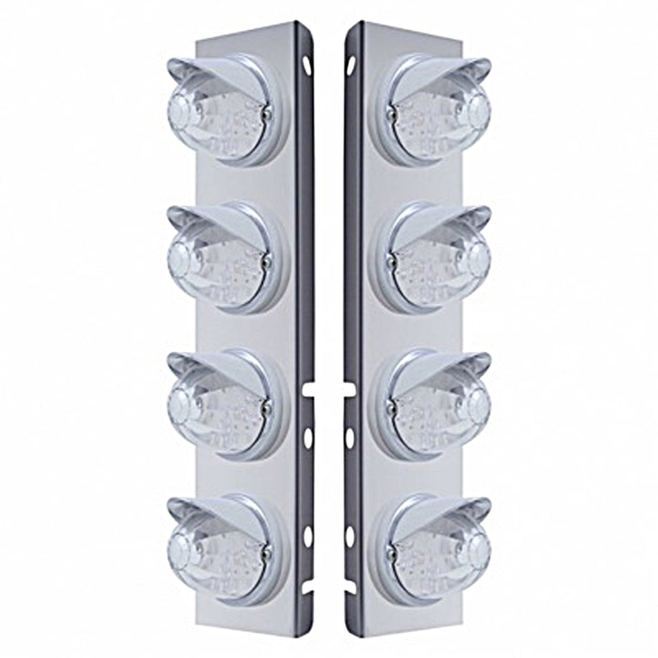 Stainless Steel Front Air Cleaner Bracket w/ 8 X 17 LED Watermelon Lights & Visors For Peterbilt - Amber LEDs (Amber or Clear Lens)