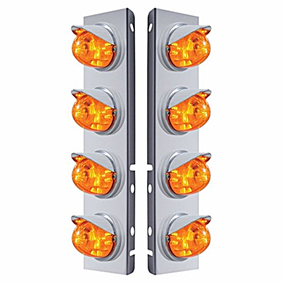 Stainless Steel Front Air Cleaner Bracket w/ 8 X 17 Amber LED Dual Watermelon Lights & Visors For Peterbilt (Amber or Clear Lens)