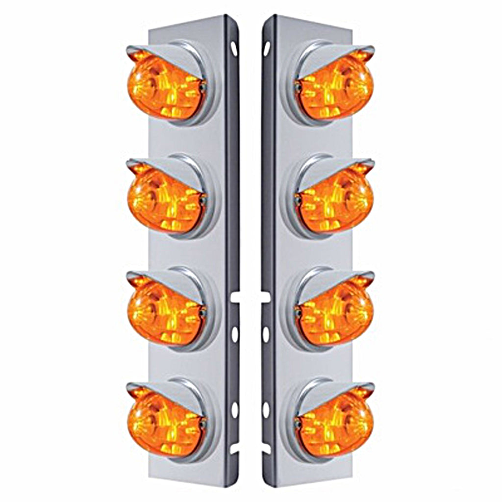 Stainless Steel Front Air Cleaner Bracket w/ 8 X 17 Amber LED Dual Watermelon Lights & Visors For Peterbilt (Amber or Clear Lens)