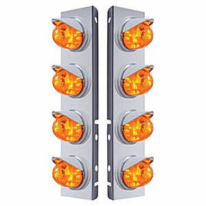 Stainless Steel Front Air Cleaner Bracket w/ 8 X 17 Amber LED Dual Watermelon Lights & Visors For Peterbilt (Amber or Clear Lens)