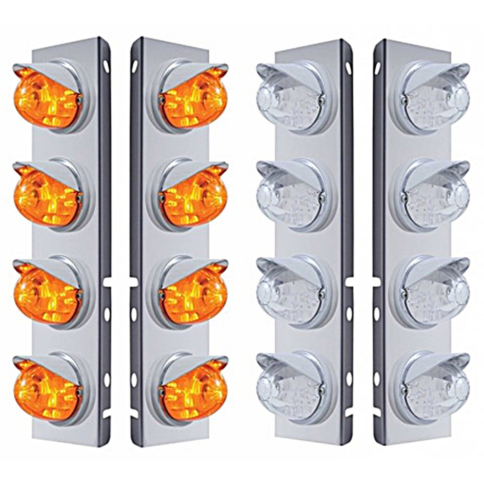 Stainless Steel Front Air Cleaner Bracket w/ 8 X 17 Amber LED Dual Watermelon Lights & Visors For Peterbilt (Amber or Clear Lens)