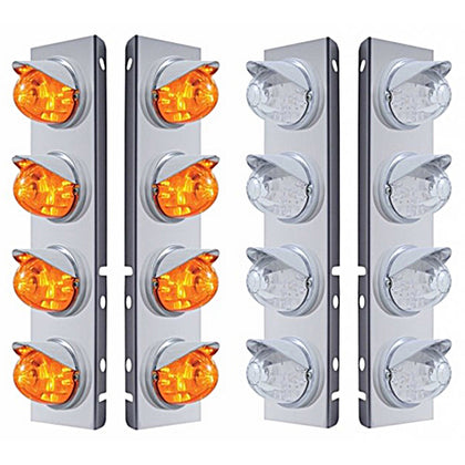 Stainless Steel Front Air Cleaner Bracket w/ 8 X 17 Amber LED Dual Watermelon Lights & Visors For Peterbilt (Amber or Clear Lens)