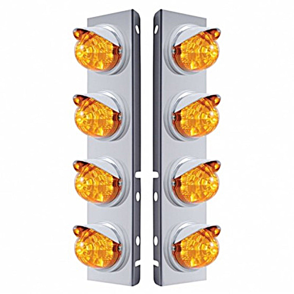Stainless Steel Front Air Cleaner Bracket w/ 8 X 17 LED Dual Func. Watermelon Lights & Visors For Peterbilt - Amber LEDs (Amber or Clear Lens)