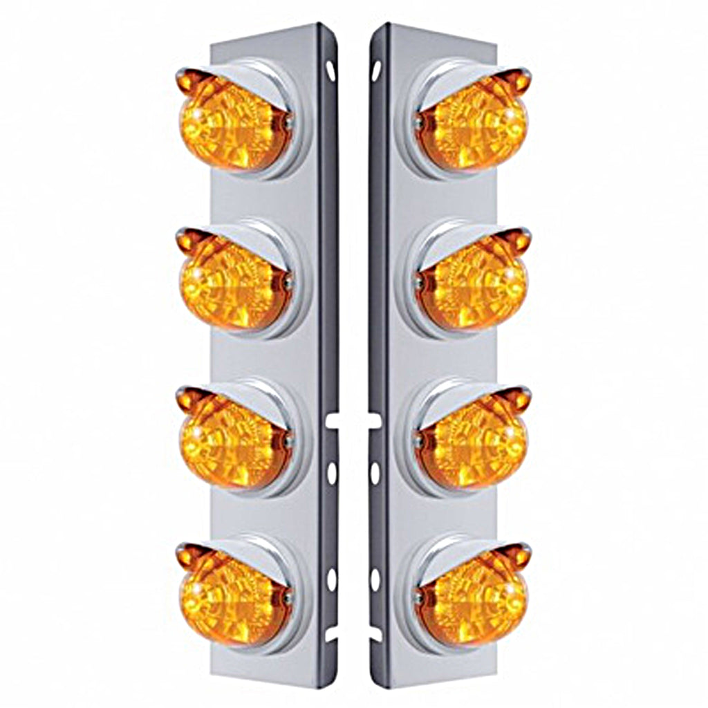 Stainless Steel Front Air Cleaner Bracket w/ 8 X 17 LED Dual Func. Watermelon Lights & Visors For Peterbilt - Amber LEDs (Amber or Clear Lens)