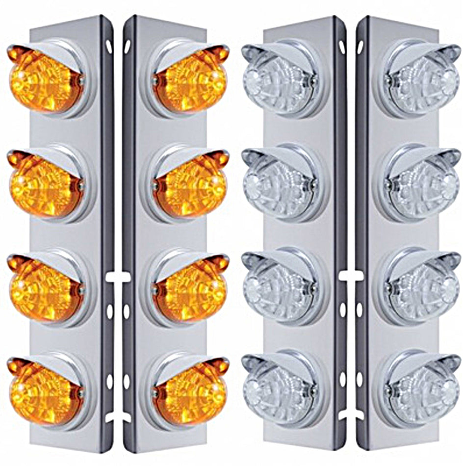 Stainless Steel Front Air Cleaner Bracket w/ 8 X 17 LED Dual Func. Watermelon Lights & Visors For Peterbilt - Amber LEDs (Amber or Clear Lens)