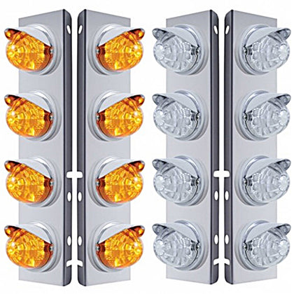 Stainless Steel Front Air Cleaner Bracket w/ 8 X 17 LED Dual Func. Watermelon Lights & Visors For Peterbilt - Amber LEDs (Amber or Clear Lens)