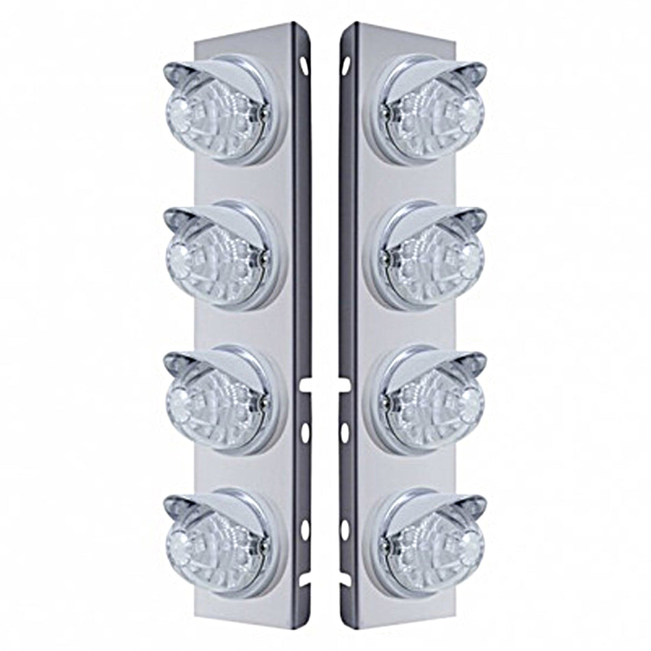 Stainless Steel Front Air Cleaner Bracket w/ 8 X 17 LED Dual Func. Watermelon Lights & Visors For Peterbilt - Amber LEDs (Amber or Clear Lens)