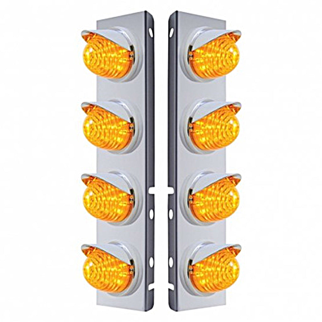 Stainless Steel Front Air Cleaner Bracket w/ 8 X 17 LED Beehive Lights & Visors For Peterbilt - Amber LEDs (Amber Lens)