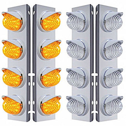 Stainless Steel Front Air Cleaner Bracket w/ 8 X 17 LED Beehive Lights & Visors For Peterbilt - Amber LEDs (Amber Lens)