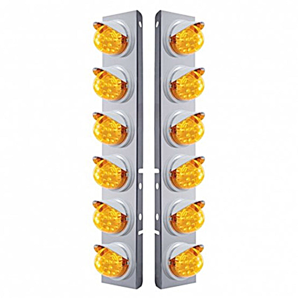 Stainless Steel Front Air Cleaner Bracket w/ 12 X 17 LED Reflector Lights & Visors For Peterbilt - Amber LEDs (Amber or Clear Lens)