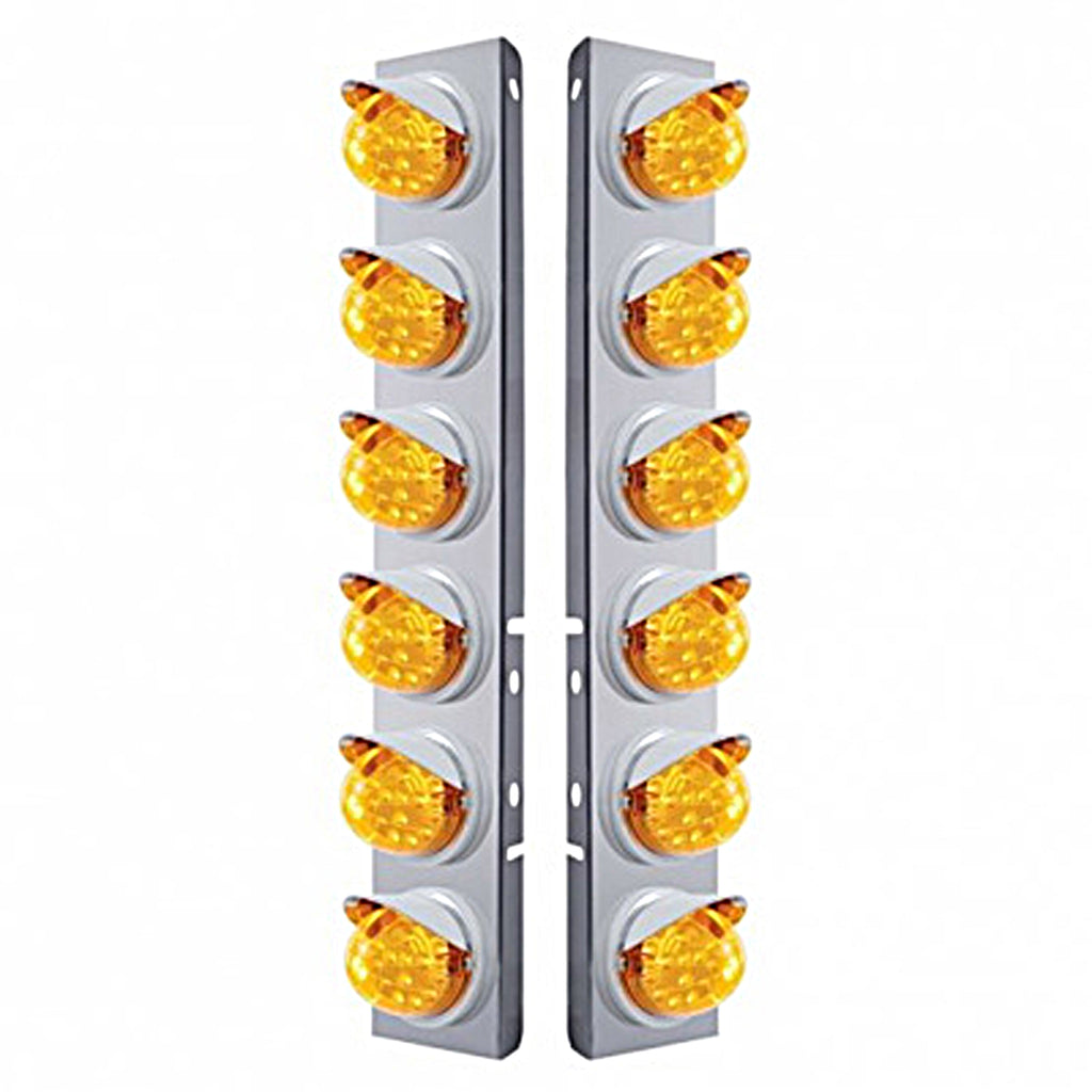 Stainless Steel Front Air Cleaner Bracket w/ 12 X 17 LED Reflector Lights & Visors For Peterbilt - Amber LEDs (Amber or Clear Lens)