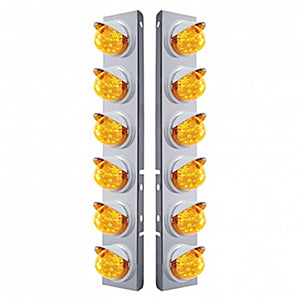 Stainless Steel Front Air Cleaner Bracket w/ 12 X 17 LED Reflector Lights & Visors For Peterbilt - Amber LEDs (Amber or Clear Lens)