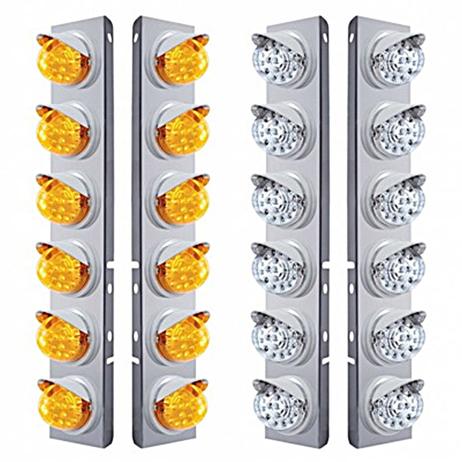Stainless Steel Front Air Cleaner Bracket w/ 12 X 17 LED Reflector Lights & Visors For Peterbilt - Amber LEDs (Amber or Clear Lens)