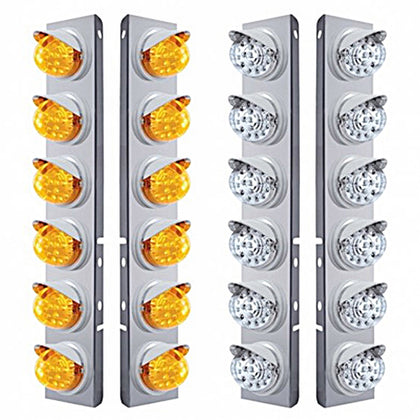 Stainless Steel Front Air Cleaner Bracket w/ 12 X 17 LED Reflector Lights & Visors For Peterbilt - Amber LEDs (Amber or Clear Lens)