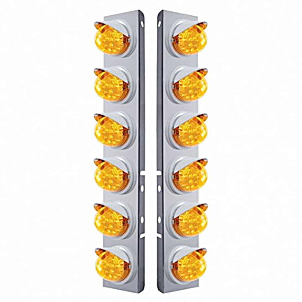 Stainless Steel Front Air Cleaner Bracket w/ 12 X 17 Amber LED Dual Func. Reflector Lights & Visors For Peterbilt - Amber LEDs (Amber Lens)