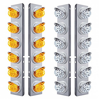 Stainless Steel Front Air Cleaner Bracket w/ 12 X 17 Amber LED Dual Func. Reflector Lights & Visors For Peterbilt - Amber LEDs (Amber Lens)