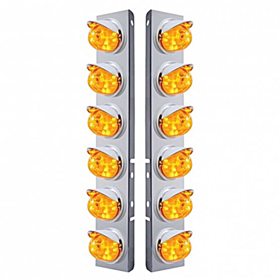 Stainless Steel Front Air Cleaner Bracket w/ 12 X 17 LED Dual Func. Watermelon Lights & Visors For Peterbilt - Amber LEDs (Amber or Clear Lens)