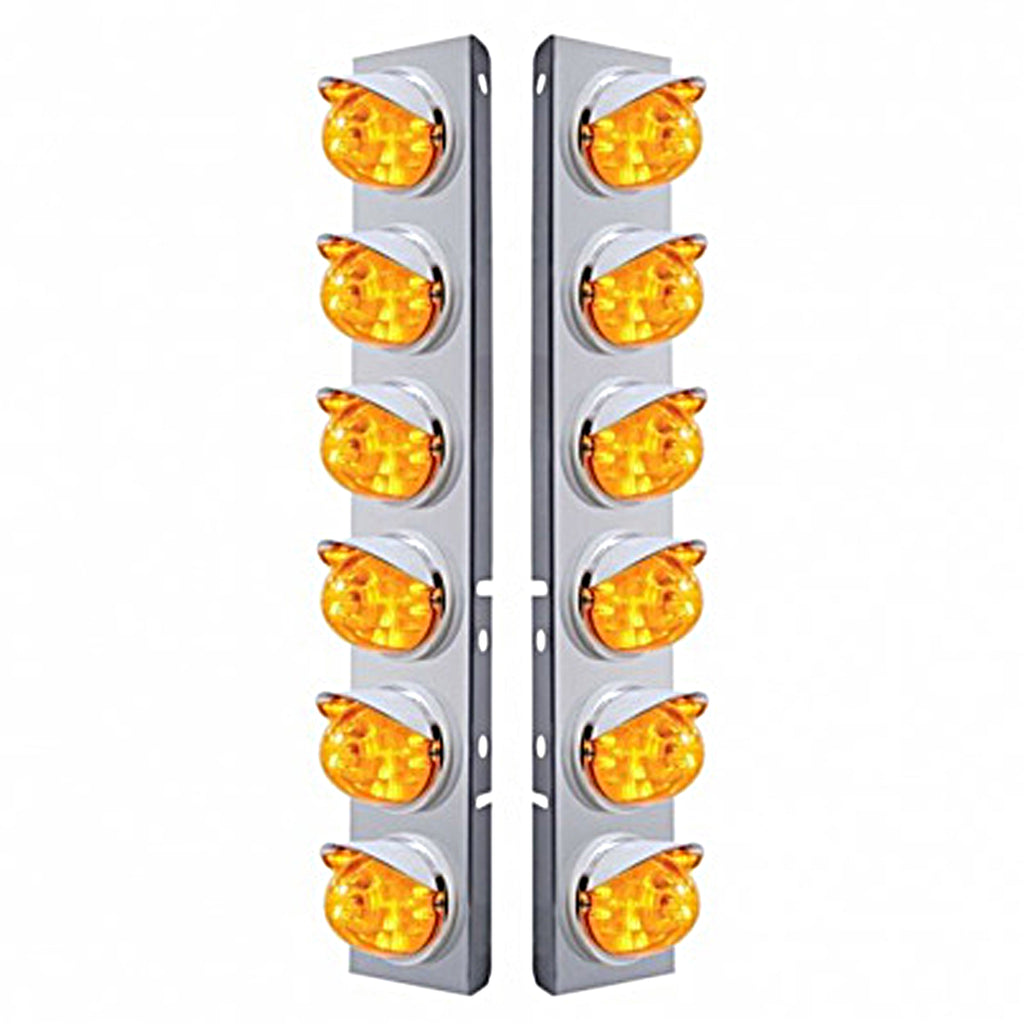 Stainless Steel Front Air Cleaner Bracket w/ 12 X 17 LED Dual Func. Watermelon Lights & Visors For Peterbilt - Amber LEDs (Amber or Clear Lens)