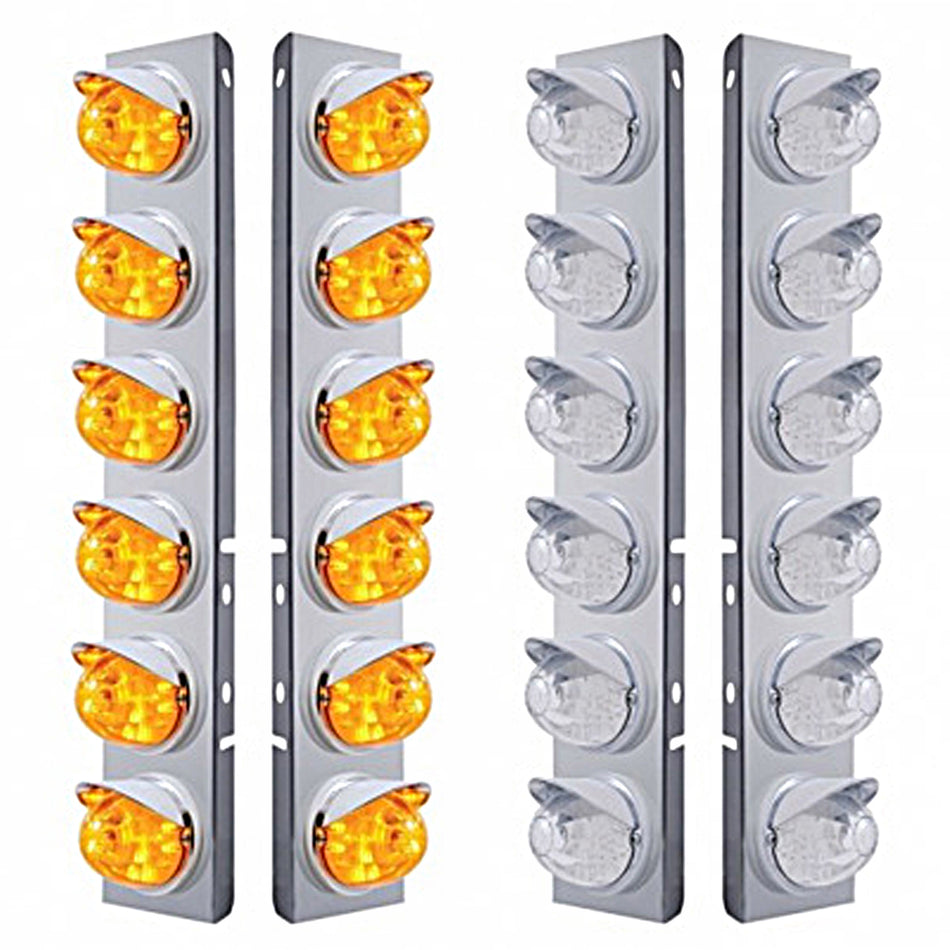 Stainless Steel Front Air Cleaner Bracket w/ 12 X 17 LED Dual Func. Watermelon Lights & Visors For Peterbilt - Amber LEDs (Amber or Clear Lens)