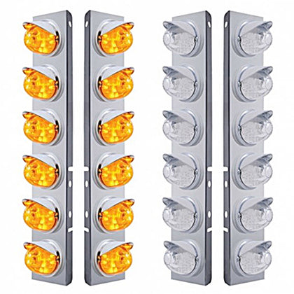 Stainless Steel Front Air Cleaner Bracket w/ 12 X 17 LED Dual Func. Watermelon Lights & Visors For Peterbilt - Amber LEDs (Amber or Clear Lens)