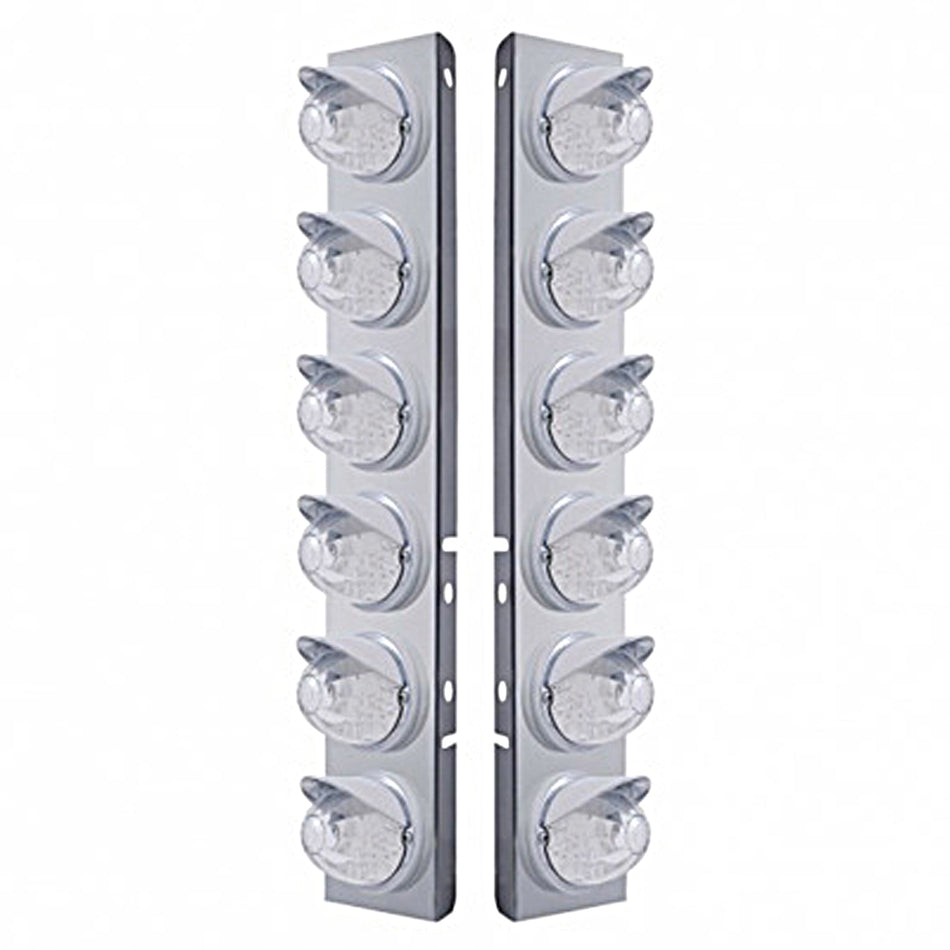 Stainless Steel Front Air Cleaner Bracket w/ 12 X 17 LED Dual Func. Watermelon Lights & Visors For Peterbilt - Amber LEDs (Amber or Clear Lens)