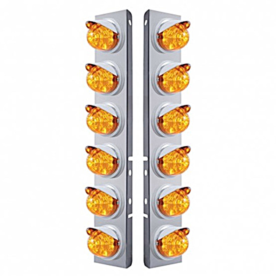Stainless Steel Front Air Cleaner Bracket w/ 12 X 17 LED Reflector Watermelon Lights & Visors For Peterbilt - Amber LEDs (Amber Lens)