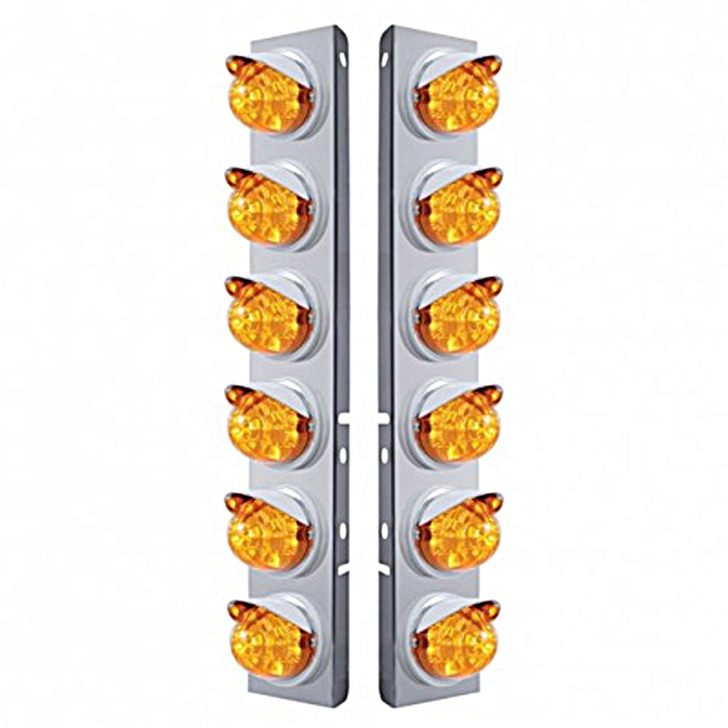Stainless Steel Front Air Cleaner Bracket w/ 12 X 17 LED Reflector Watermelon Lights & Visors For Peterbilt - Amber LEDs (Amber Lens)