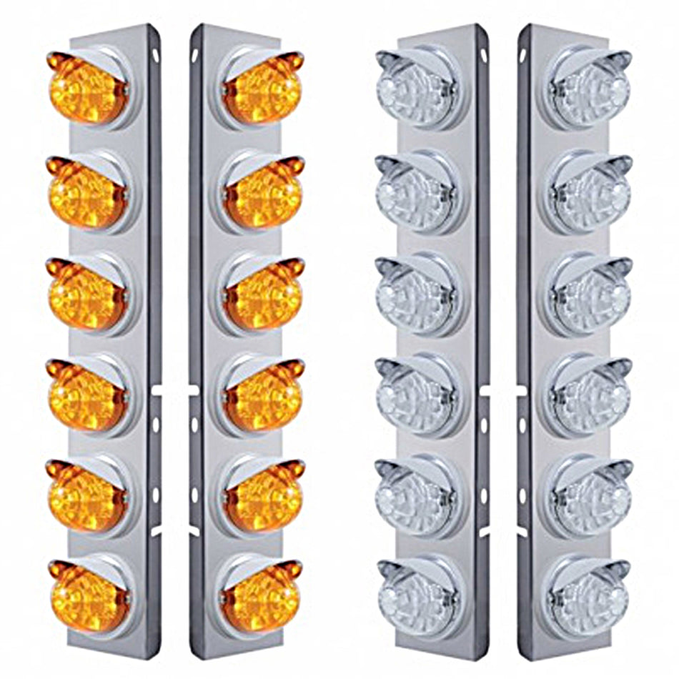 Stainless Steel Front Air Cleaner Bracket w/ 12 X 17 LED Reflector Watermelon Lights & Visors For Peterbilt - Amber LEDs (Amber Lens)