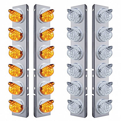 Stainless Steel Front Air Cleaner Bracket w/ 12 X 17 LED Reflector Watermelon Lights & Visors For Peterbilt - Amber LEDs (Amber Lens)