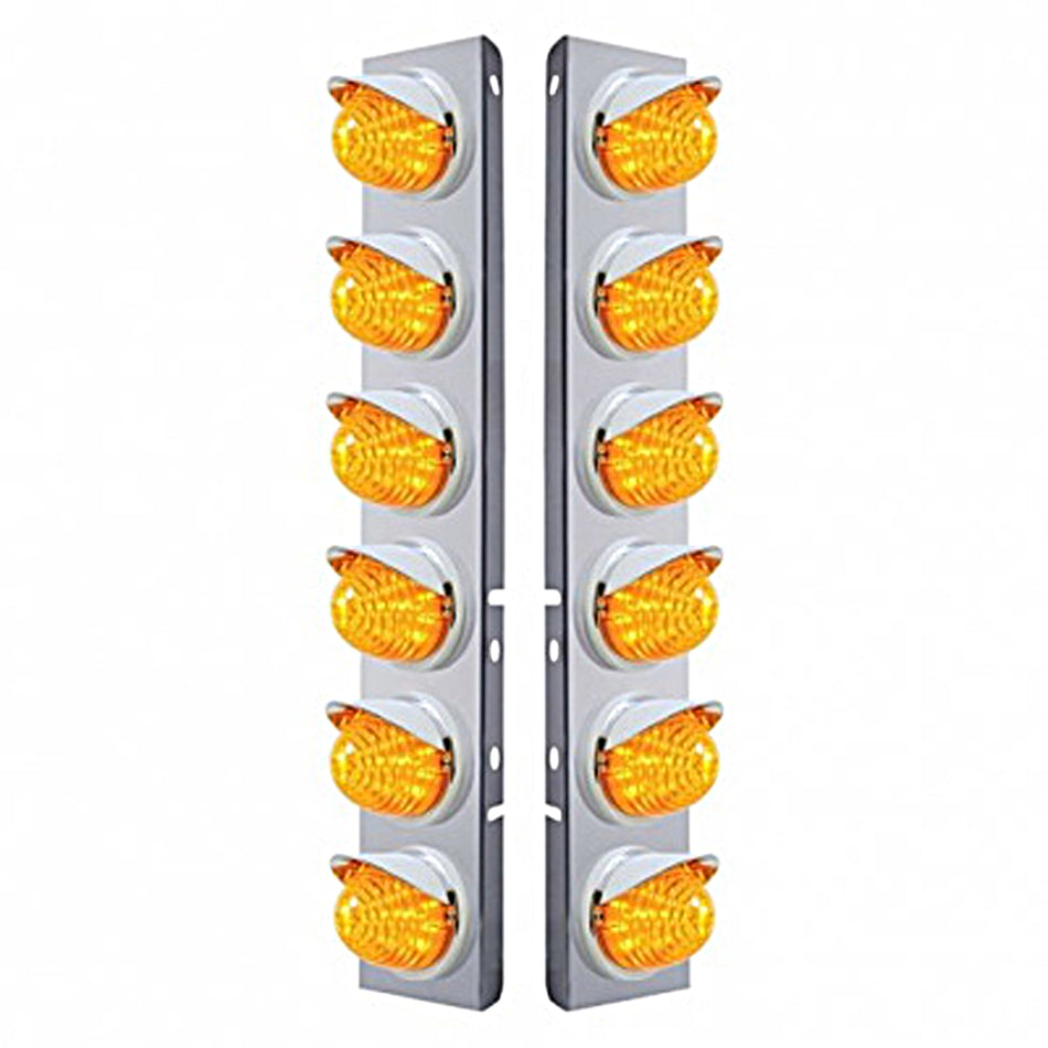 Stainless Steel Front Air Cleaner Bracket w/ 12X 17 LED Beehive Lights & Visors For Peterbilt - Amber LEDs (Amber or Clear Lens)