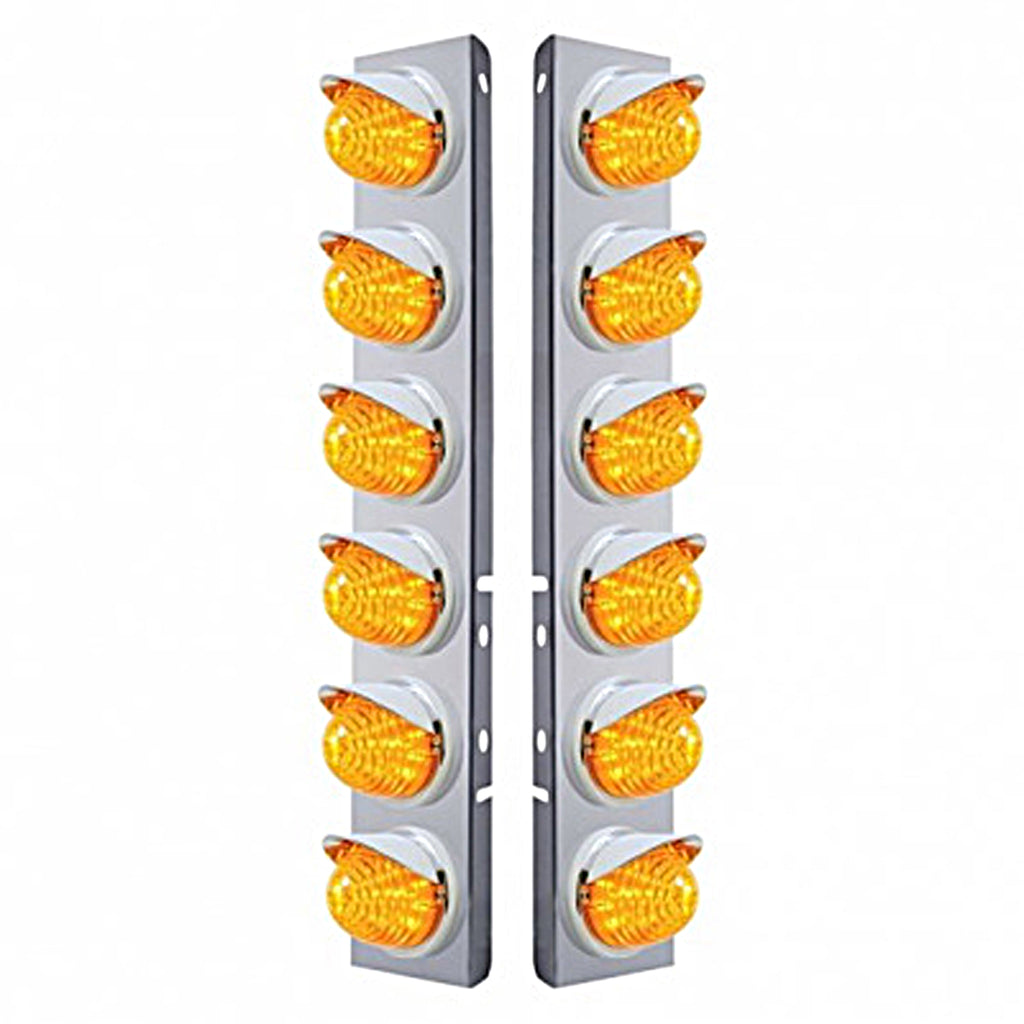 Stainless Steel Front Air Cleaner Bracket w/ 12X 17 LED Beehive Lights & Visors For Peterbilt - Amber LEDs (Amber or Clear Lens)