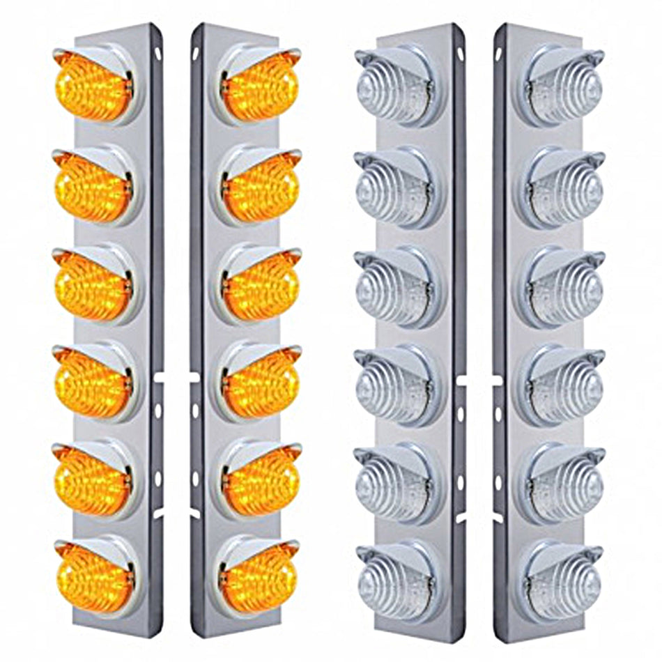 Stainless Steel Front Air Cleaner Bracket w/ 12X 17 LED Beehive Lights & Visors For Peterbilt - Amber LEDs (Amber or Clear Lens)