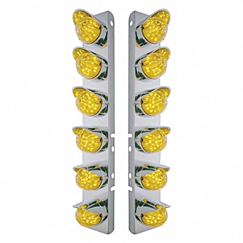 Stainless Steel Front Air Cleaner Bracket w/ 12 X 19 LED Bullet Style Lights & Visors For Peterbilt - Amber LEDs (Amber or Clear Lens)