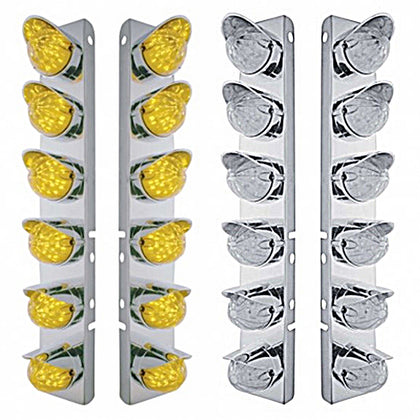 Stainless Steel Front Air Cleaner Bracket w/ 12 X 19 LED Bullet Style Lights & Visors For Peterbilt - Amber LEDs (Amber or Clear Lens)