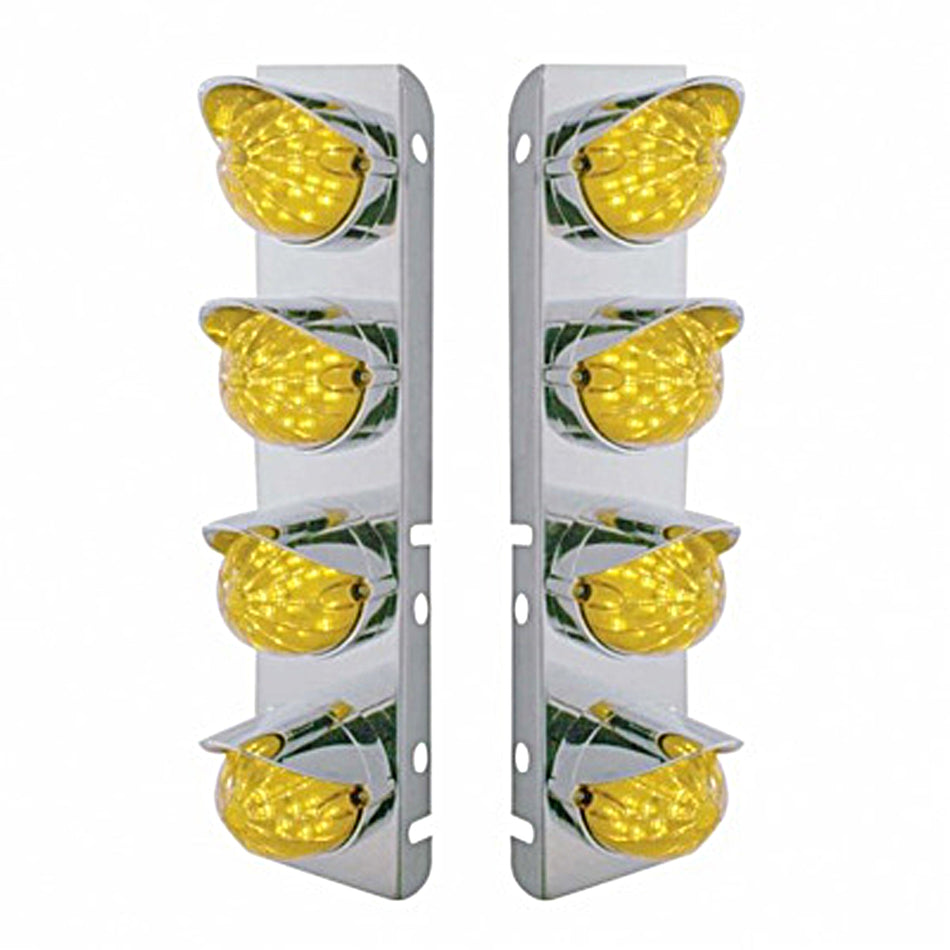 Stainless Steel Front Air Cleaner Bracket w/ 8 X 19 LED Bullet Style Lights & Visors For Peterbilt - Amber LEDs (Amber or Clear Lens)