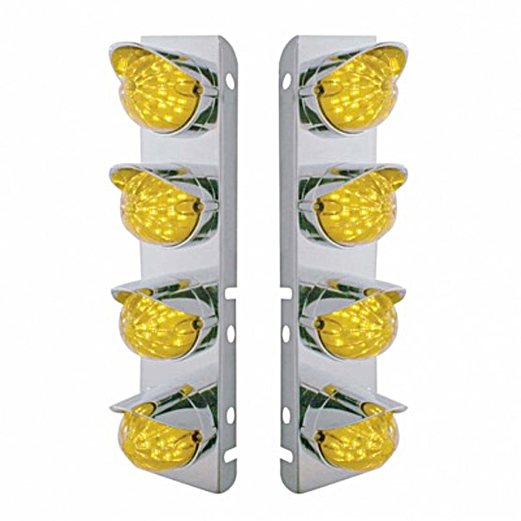 Stainless Steel Front Air Cleaner Bracket w/ 8 X 19 LED Bullet Style Lights & Visors For Peterbilt - Amber LEDs (Amber or Clear Lens)