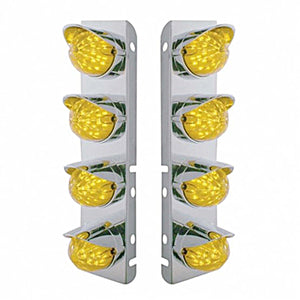 Stainless Steel Front Air Cleaner Bracket w/ 8 X 19 LED Bullet Style Lights & Visors For Peterbilt - Amber LEDs (Amber or Clear Lens)