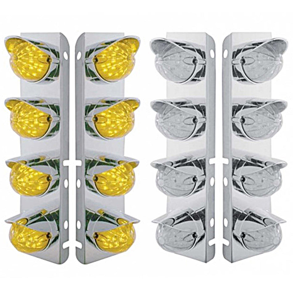 Stainless Steel Front Air Cleaner Bracket w/ 8 X 19 LED Bullet Style Lights & Visors For Peterbilt - Amber LEDs (Amber or Clear Lens)