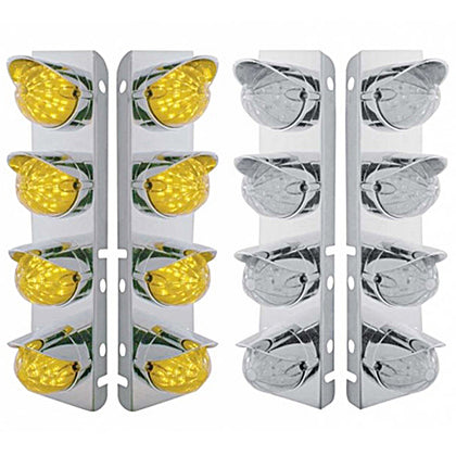 Stainless Steel Front Air Cleaner Bracket w/ 8 X 19 LED Bullet Style Lights & Visors For Peterbilt - Amber LEDs (Amber or Clear Lens)