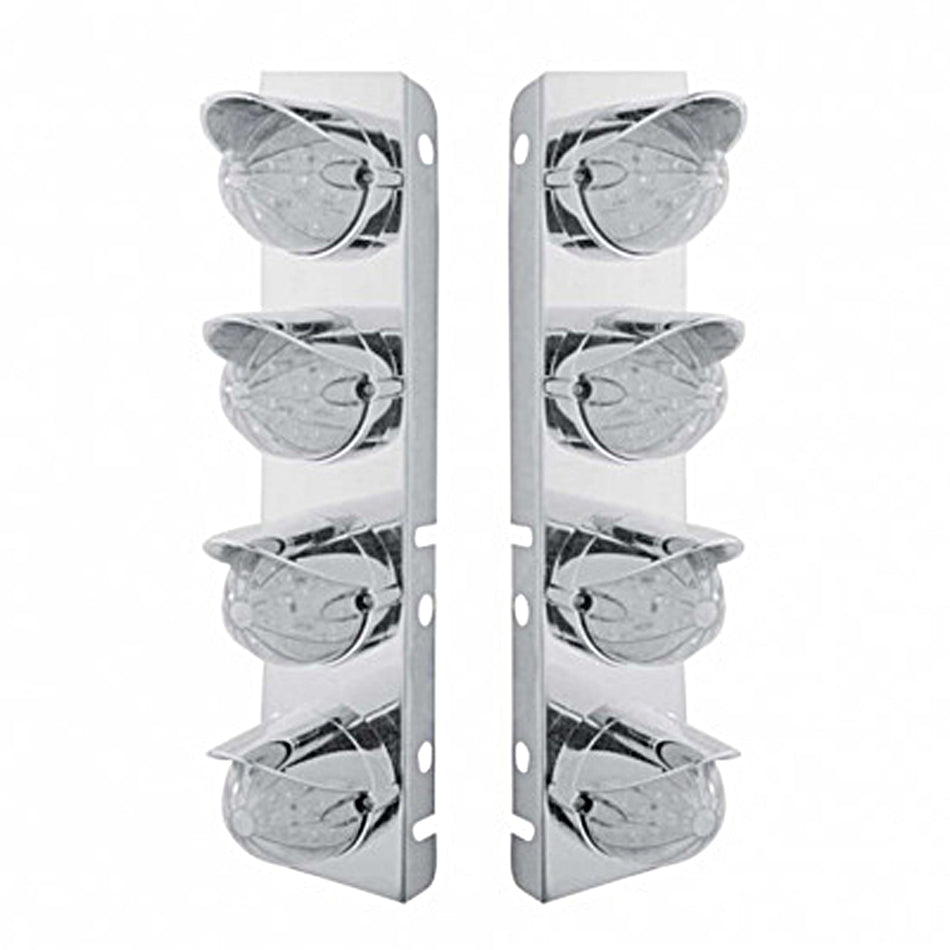 Stainless Steel Front Air Cleaner Bracket w/ 8 X 19 LED Bullet Style Lights & Visors For Peterbilt - Amber LEDs (Amber or Clear Lens)