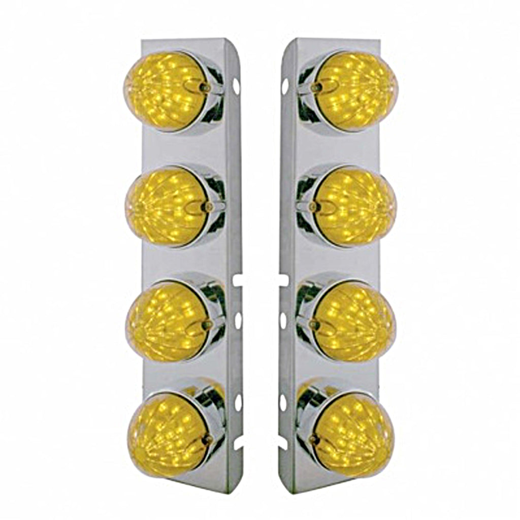 Stainless Steel Front Air Cleaner Bracket w/ 8 X 19 LED Bullet Style Lights & Bezels For Peterbilt - Amber LEDs (Amber or Clear Lens)
