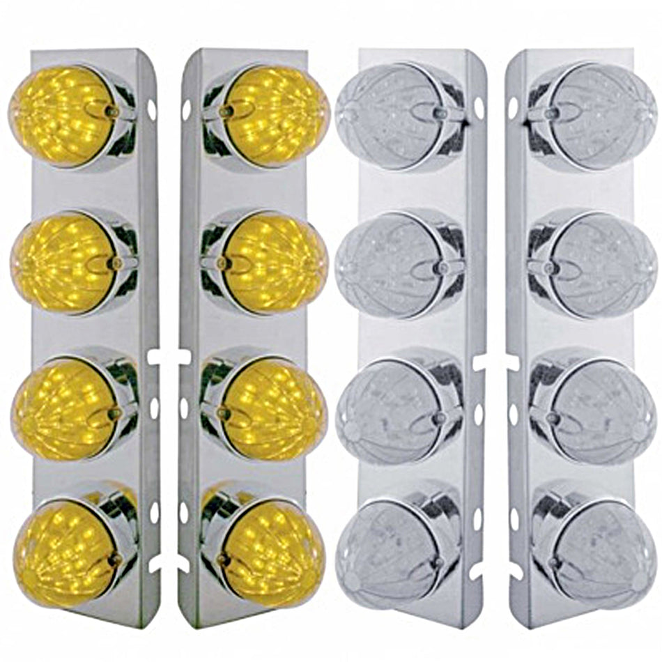 Stainless Steel Front Air Cleaner Bracket w/ 8 X 19 LED Bullet Style Lights & Bezels For Peterbilt - Amber LEDs (Amber or Clear Lens)