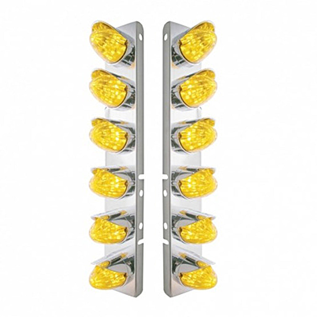 Stainless Steel Front Air Cleaner Bracket w/ 12 X 19 LED Watermelon Lights & Visors For Peterbilt - Amber LEDs (Amber or Clear Lens)