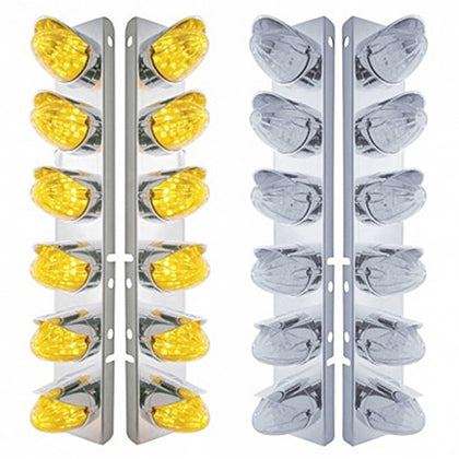 Stainless Steel Front Air Cleaner Bracket w/ 12 X 19 LED Watermelon Lights & Visors For Peterbilt - Amber LEDs (Amber or Clear Lens)