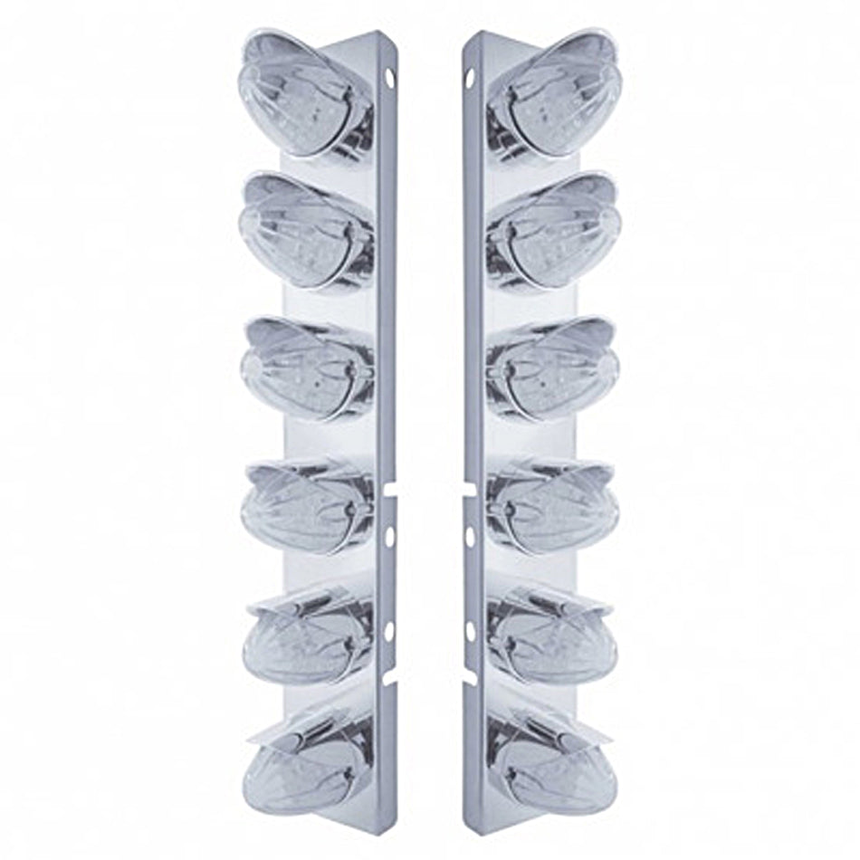 Stainless Steel Front Air Cleaner Bracket w/ 12 X 19 LED Watermelon Lights & Visors For Peterbilt - Amber LEDs (Amber or Clear Lens)