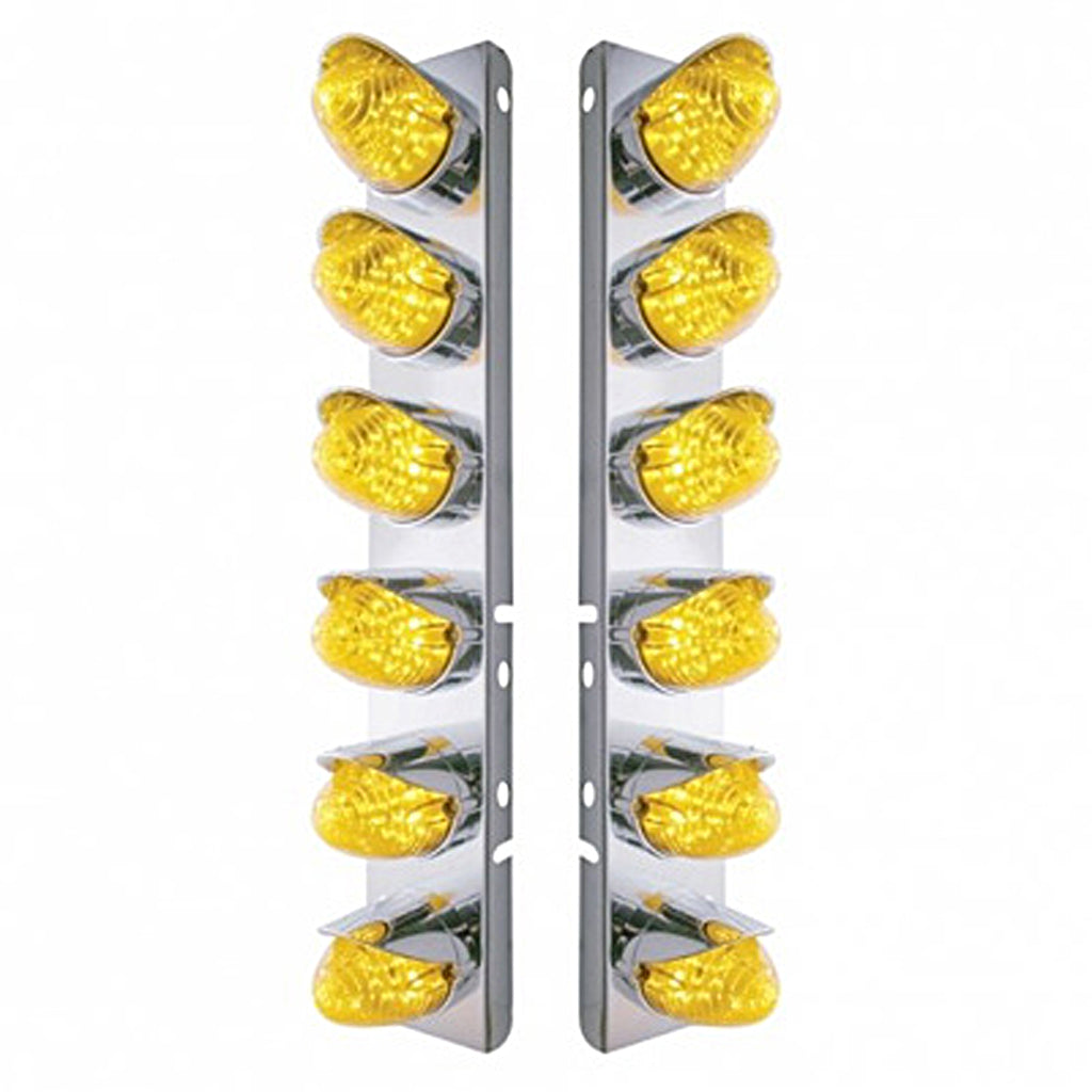 Stainless Steel Front Air Cleaner Bracket w/ 12 X 19 LED Beehive Lights & Visors For Peterbilt - Amber LEDs (Amber or Clear Lens)