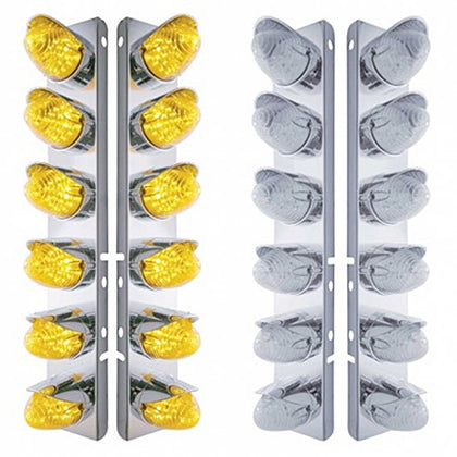 Stainless Steel Front Air Cleaner Bracket w/ 12 X 19 LED Beehive Lights & Visors For Peterbilt - Amber LEDs (Amber or Clear Lens)